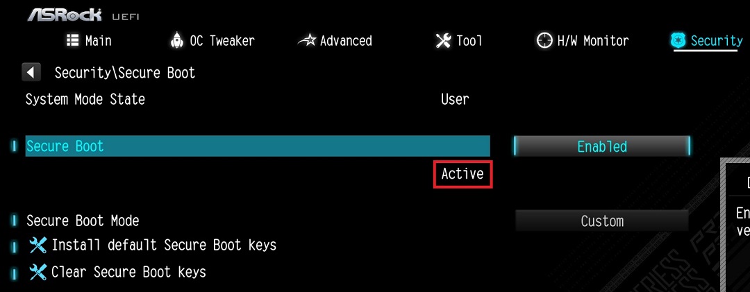 After the system restarts, go to Security\Secure Boot, and make sure that Secure Boot is showing 