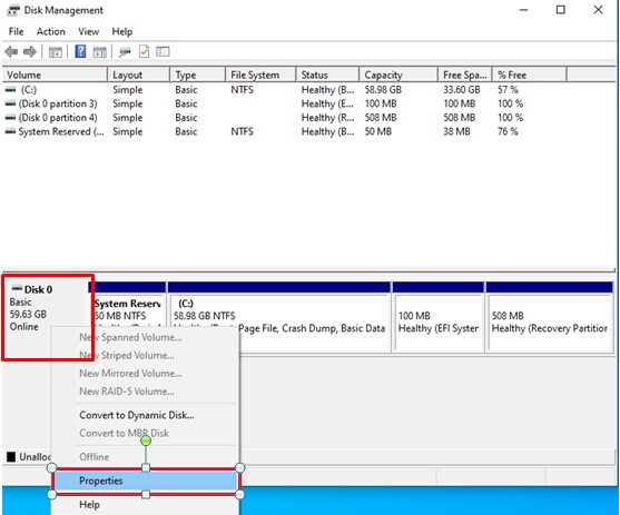 Right-click the disk where Windows is installed and select the 