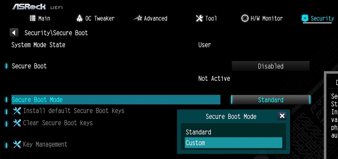 Go to Security\Secure Boot and set 