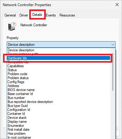 Go to the Details tab and choose Hardware IDs from the drop down menu.