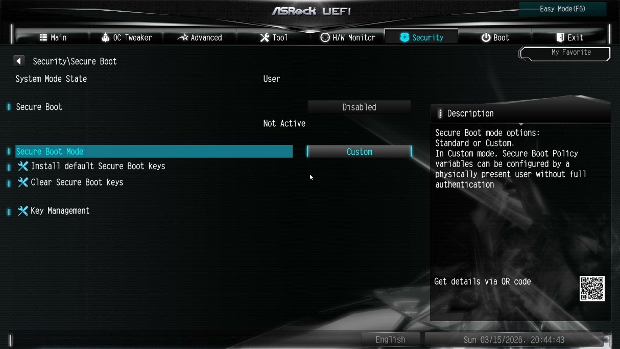 If Secure Boot Mode is set to Standard, change it to Custom.